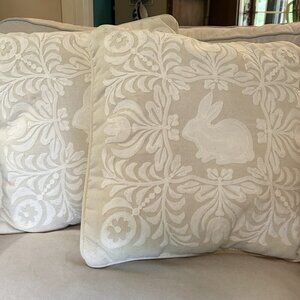 Set Of 2 Ivory Embroidered 18” Bunny Rabbit Pillows. - Spring Cottagecore Accent
